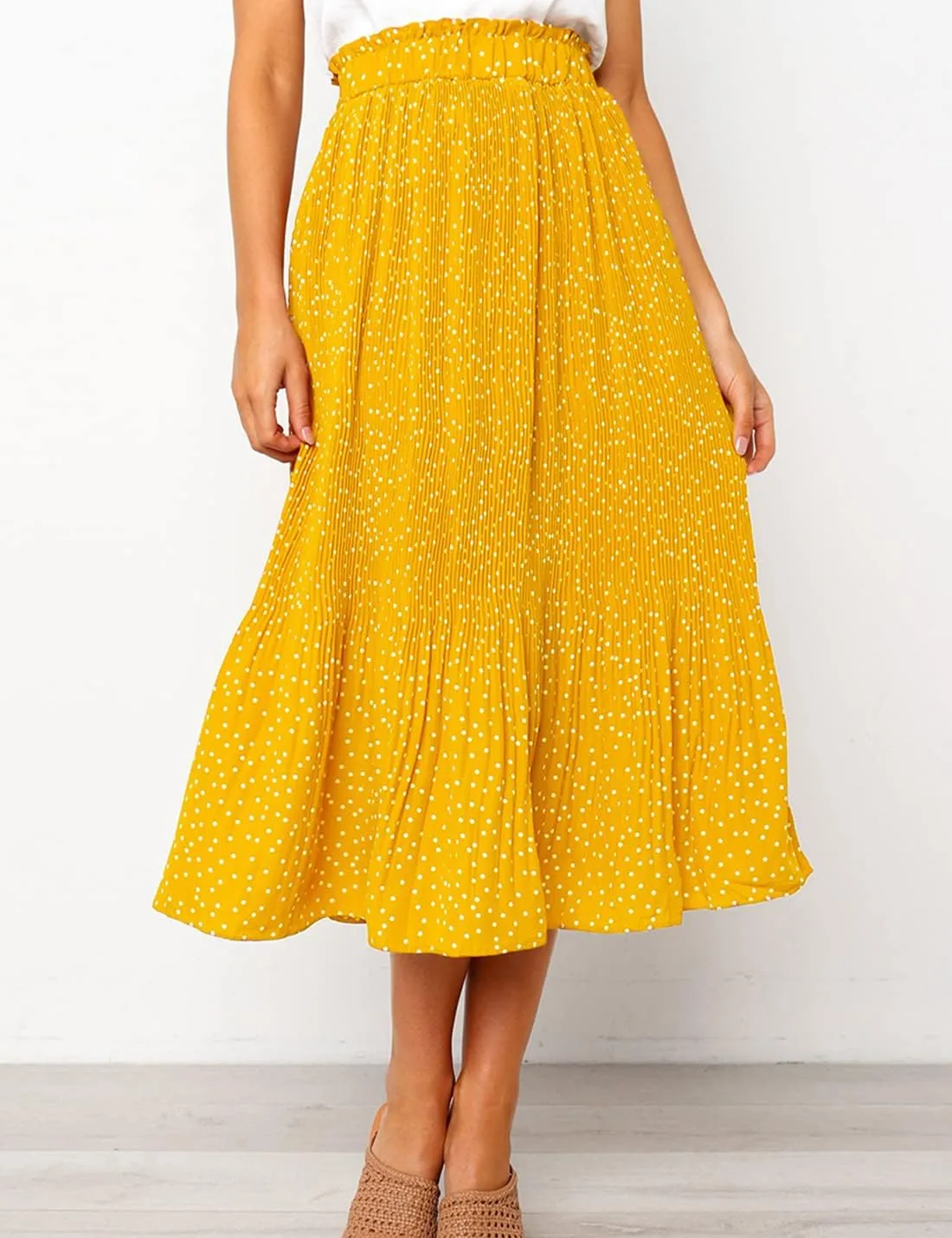 Womens Elegant High Elastic Waist Polka dot Print Pleated Midi Skirt with Pockets