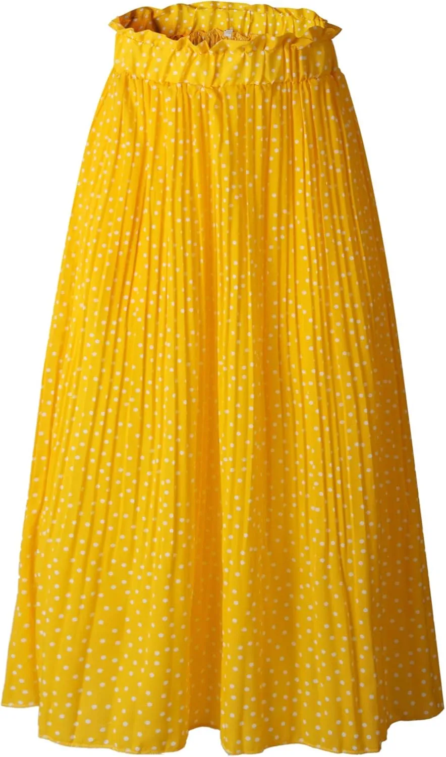 Womens Elegant High Elastic Waist Polka dot Print Pleated Midi Skirt with Pockets