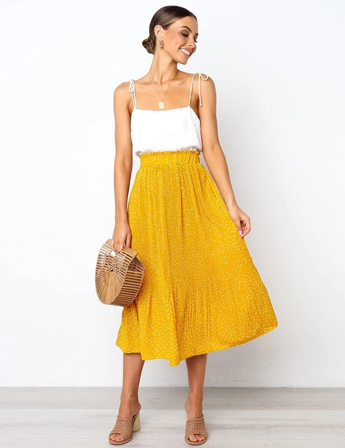 Womens Elegant High Elastic Waist Polka dot Print Pleated Midi Skirt with Pockets