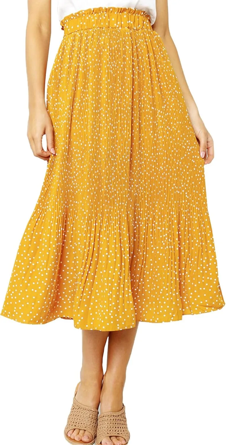 Womens Elegant High Elastic Waist Polka dot Print Pleated Midi Skirt with Pockets