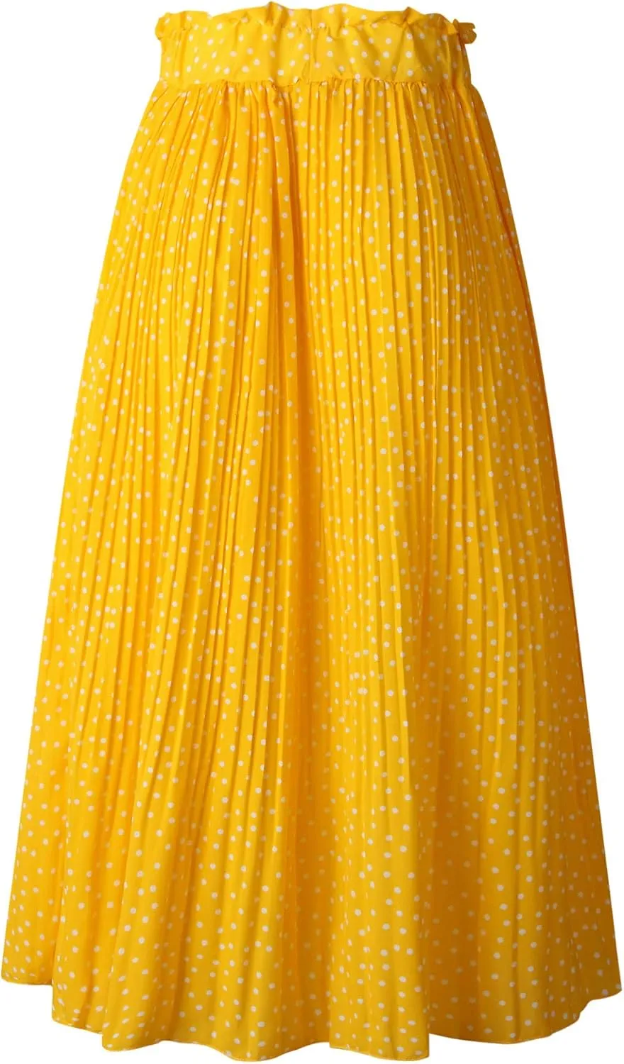 Womens Elegant High Elastic Waist Polka dot Print Pleated Midi Skirt with Pockets
