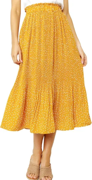 Womens Elegant High Elastic Waist Polka dot Print Pleated Midi Skirt with Pockets
