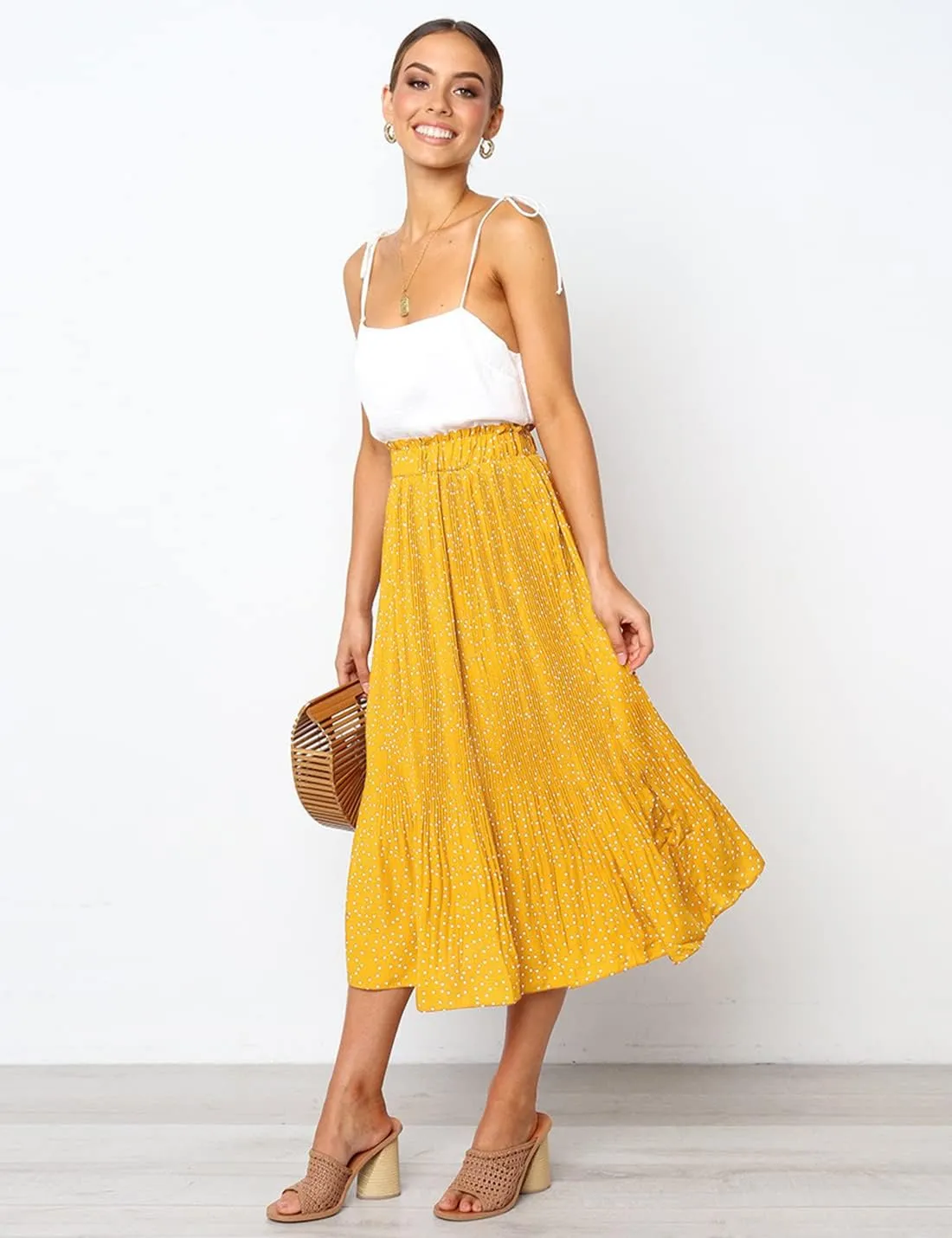 Womens Elegant High Elastic Waist Polka dot Print Pleated Midi Skirt with Pockets