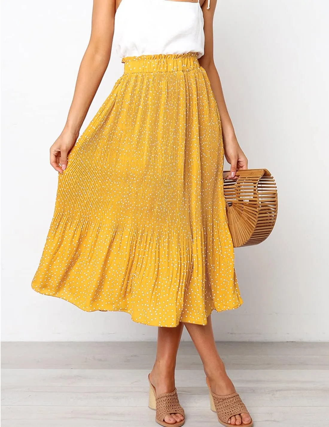 Womens Elegant High Elastic Waist Polka dot Print Pleated Midi Skirt with Pockets