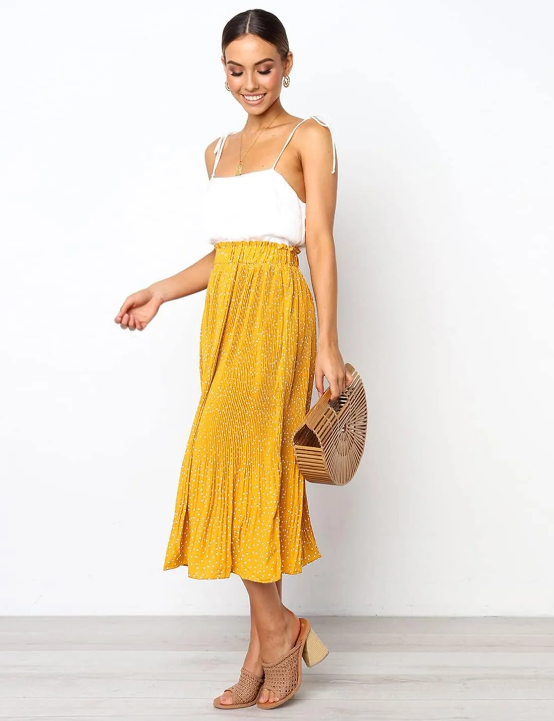 Womens Elegant High Elastic Waist Polka dot Print Pleated Midi Skirt with Pockets