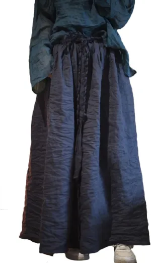 Women's Elegant Ramie Linen Hand Woven Tie Elastic Waist A-Line Long Midi Skirt