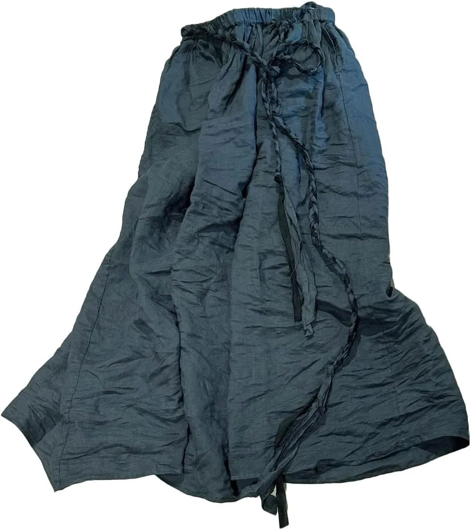 Women's Elegant Ramie Linen Hand Woven Tie Elastic Waist A-Line Long Midi Skirt