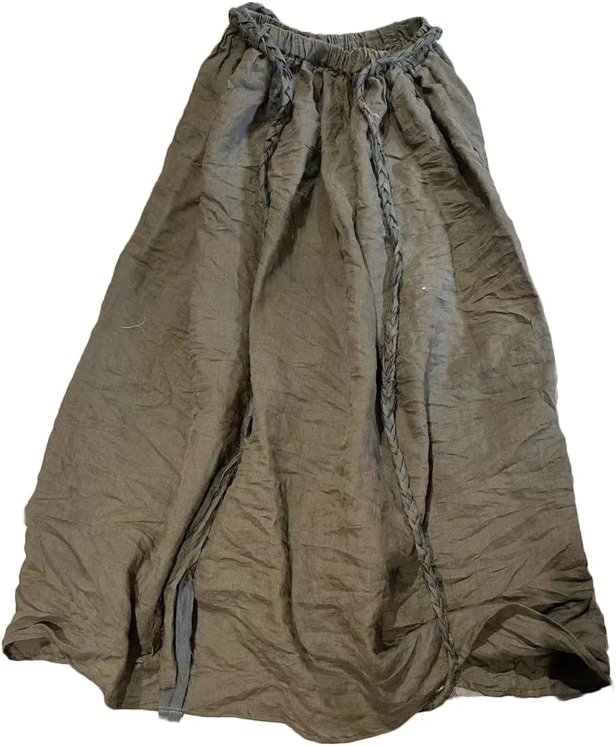 Women's Elegant Ramie Linen Hand Woven Tie Elastic Waist A-Line Long Midi Skirt