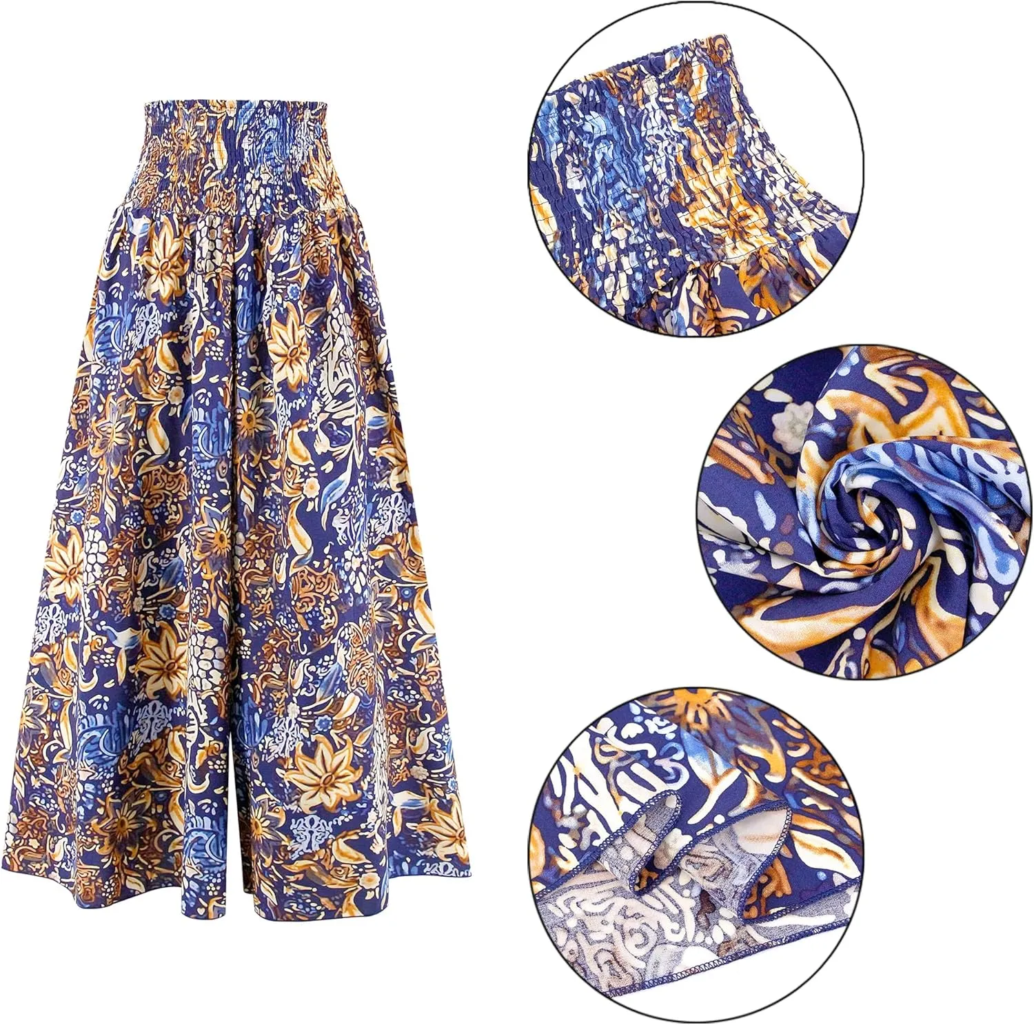 Women's Floral African Print Loose Pants Stretchy High Waist Wide Leg Palazzo Pants Flowy Yoga Trousers