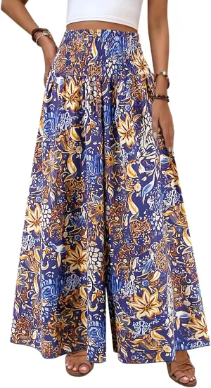 Women's Floral African Print Loose Pants Stretchy High Waist Wide Leg Palazzo Pants Flowy Yoga Trousers
