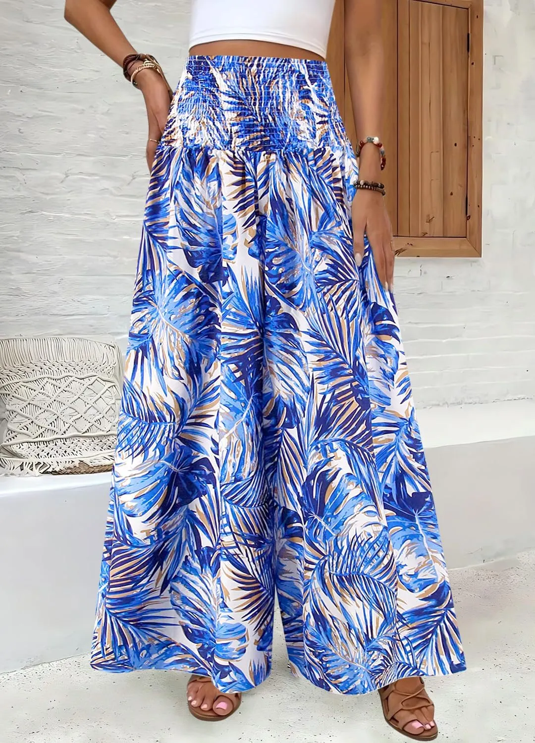 Women's Floral African Print Loose Pants Stretchy High Waist Wide Leg Palazzo Pants Flowy Yoga Trousers