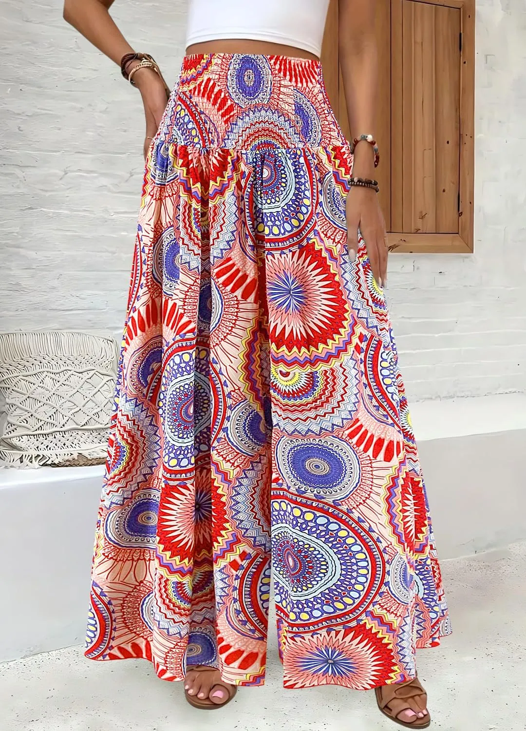 Women's Floral African Print Loose Pants Stretchy High Waist Wide Leg Palazzo Pants Flowy Yoga Trousers