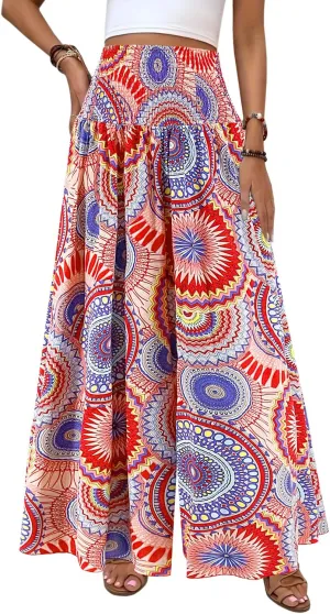 Women's Floral African Print Loose Pants Stretchy High Waist Wide Leg Palazzo Pants Flowy Yoga Trousers