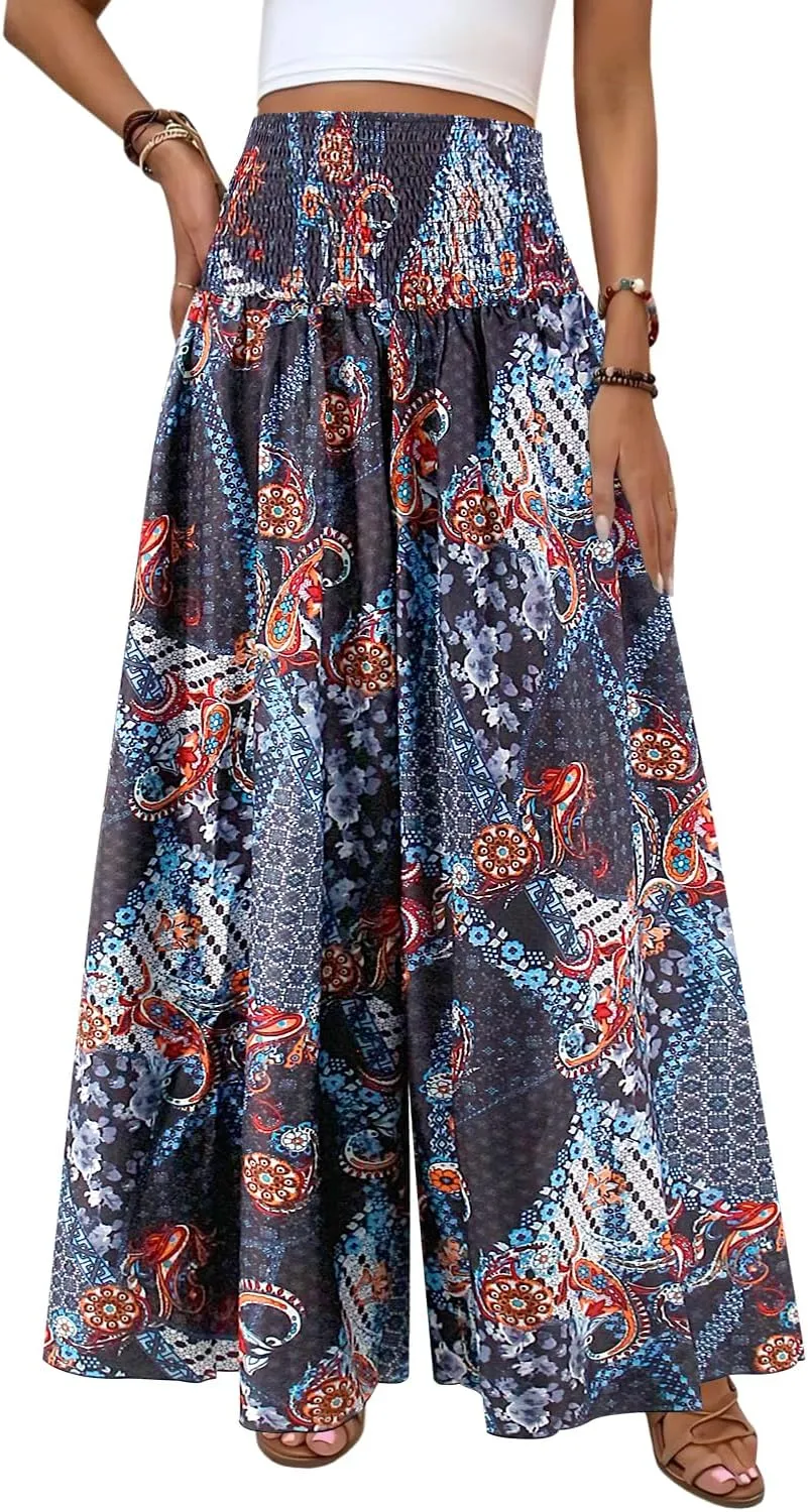Women's Floral African Print Loose Pants Stretchy High Waist Wide Leg Palazzo Pants Flowy Yoga Trousers