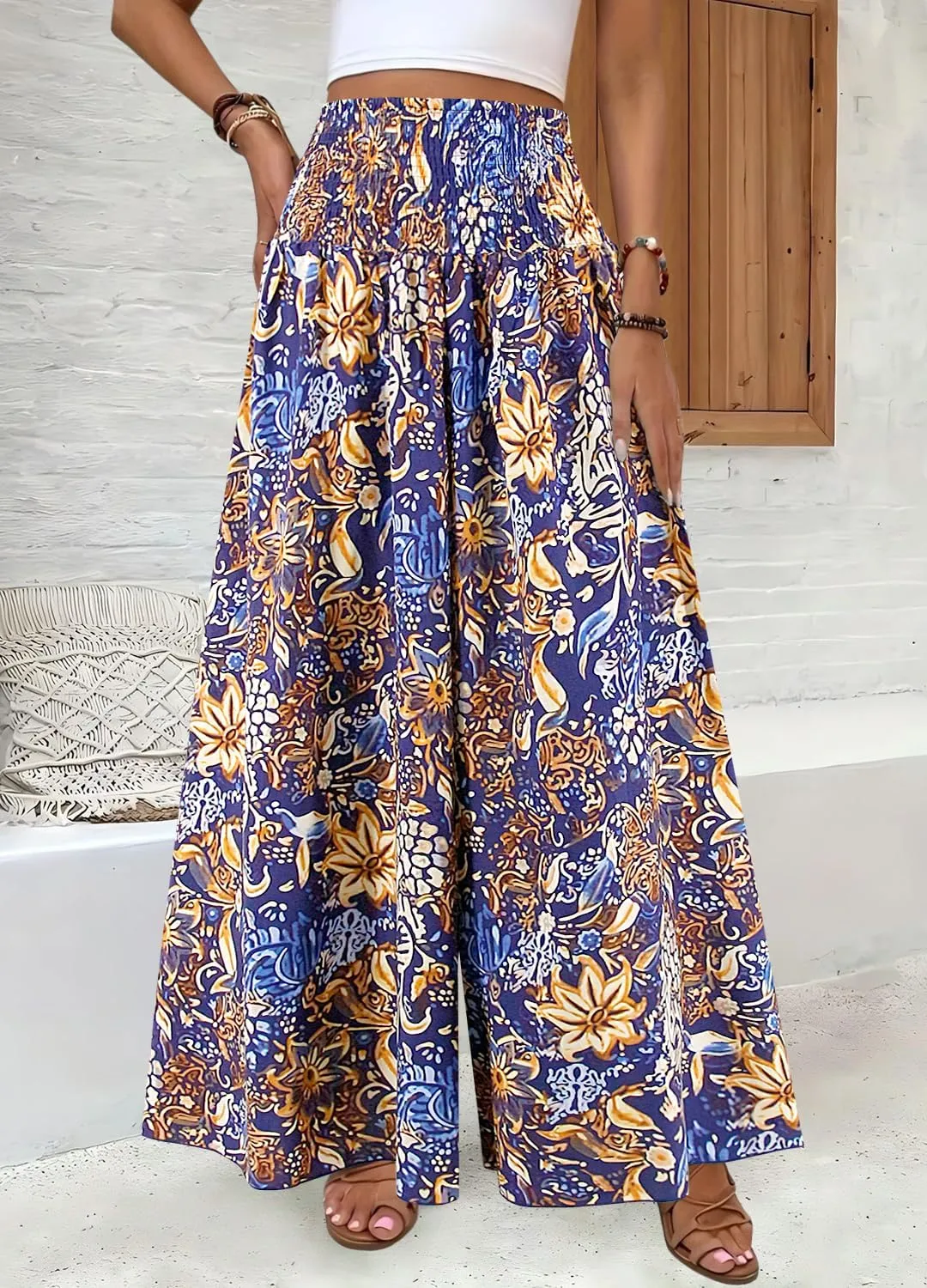 Women's Floral African Print Loose Pants Stretchy High Waist Wide Leg Palazzo Pants Flowy Yoga Trousers