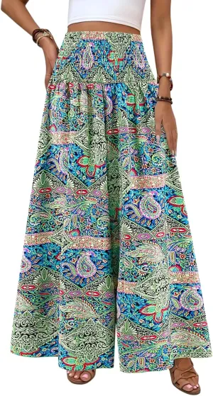 Women's Floral African Print Loose Pants Stretchy High Waist Wide Leg Palazzo Pants Flowy Yoga Trousers