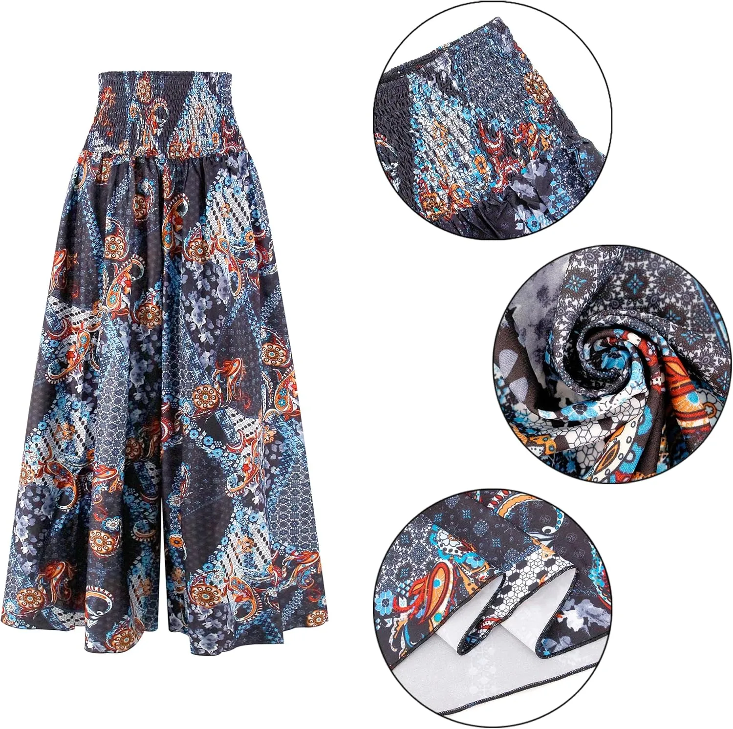 Women's Floral African Print Loose Pants Stretchy High Waist Wide Leg Palazzo Pants Flowy Yoga Trousers