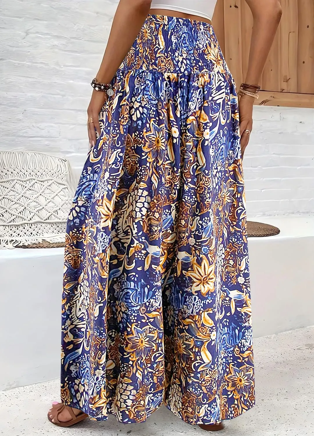 Women's Floral African Print Loose Pants Stretchy High Waist Wide Leg Palazzo Pants Flowy Yoga Trousers