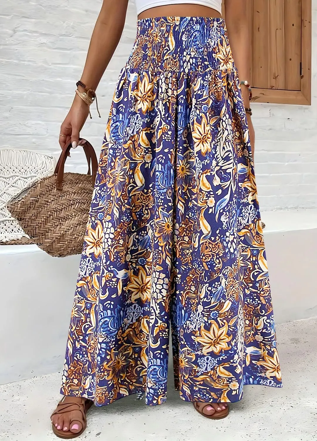 Women's Floral African Print Loose Pants Stretchy High Waist Wide Leg Palazzo Pants Flowy Yoga Trousers