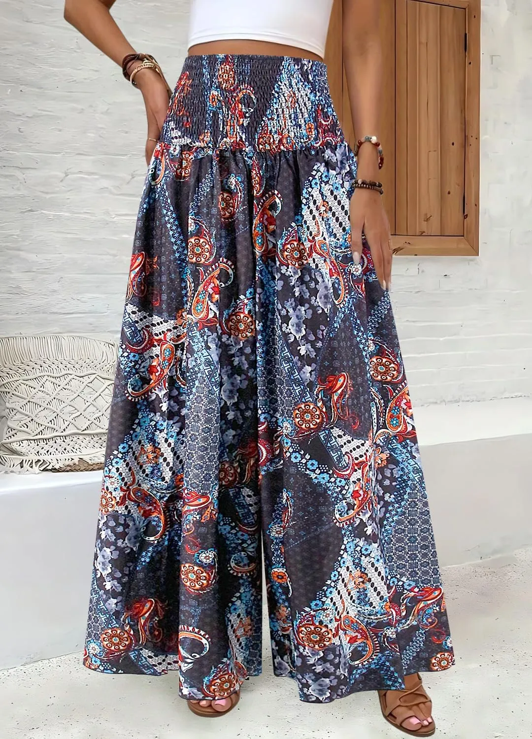 Women's Floral African Print Loose Pants Stretchy High Waist Wide Leg Palazzo Pants Flowy Yoga Trousers