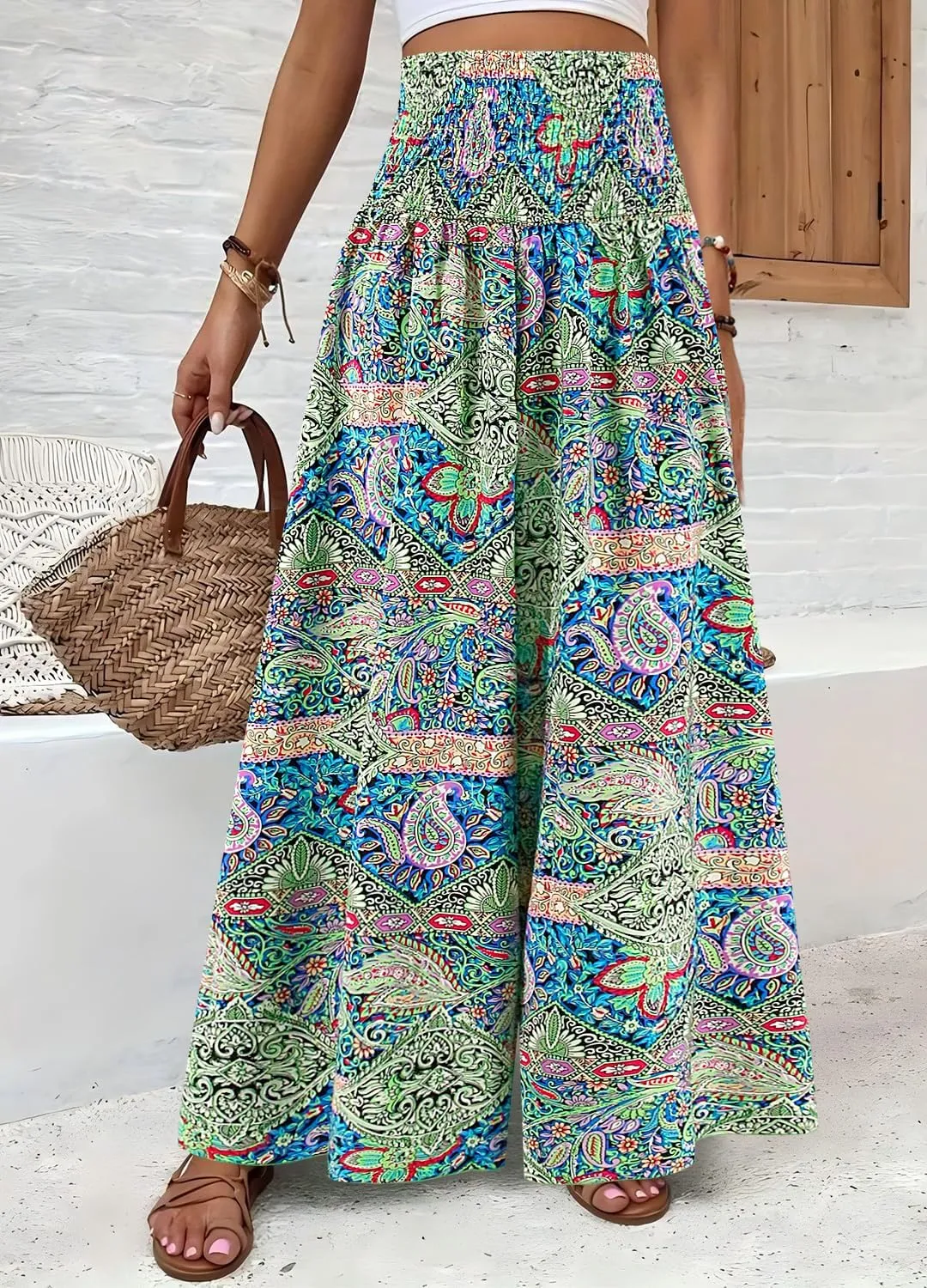 Women's Floral African Print Loose Pants Stretchy High Waist Wide Leg Palazzo Pants Flowy Yoga Trousers