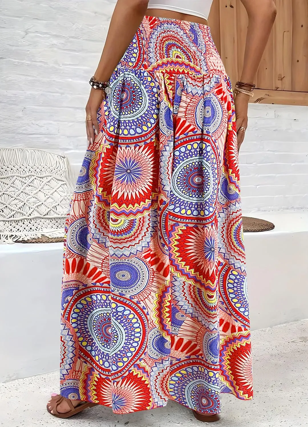 Women's Floral African Print Loose Pants Stretchy High Waist Wide Leg Palazzo Pants Flowy Yoga Trousers