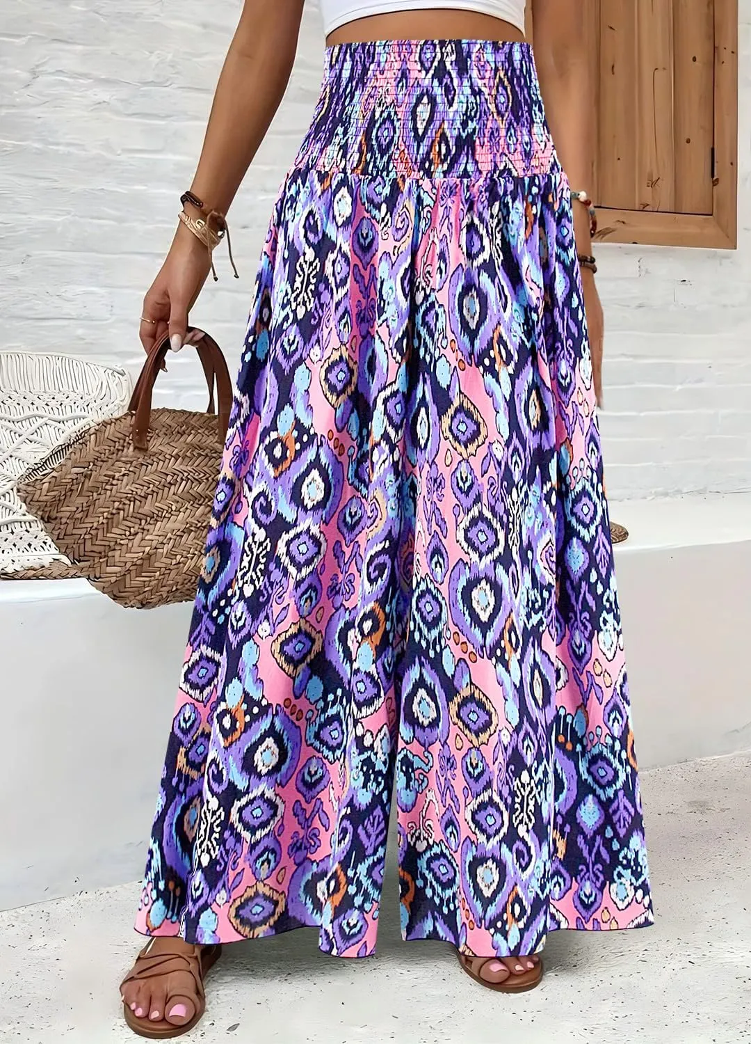 Women's Floral African Print Loose Pants Stretchy High Waist Wide Leg Palazzo Pants Flowy Yoga Trousers