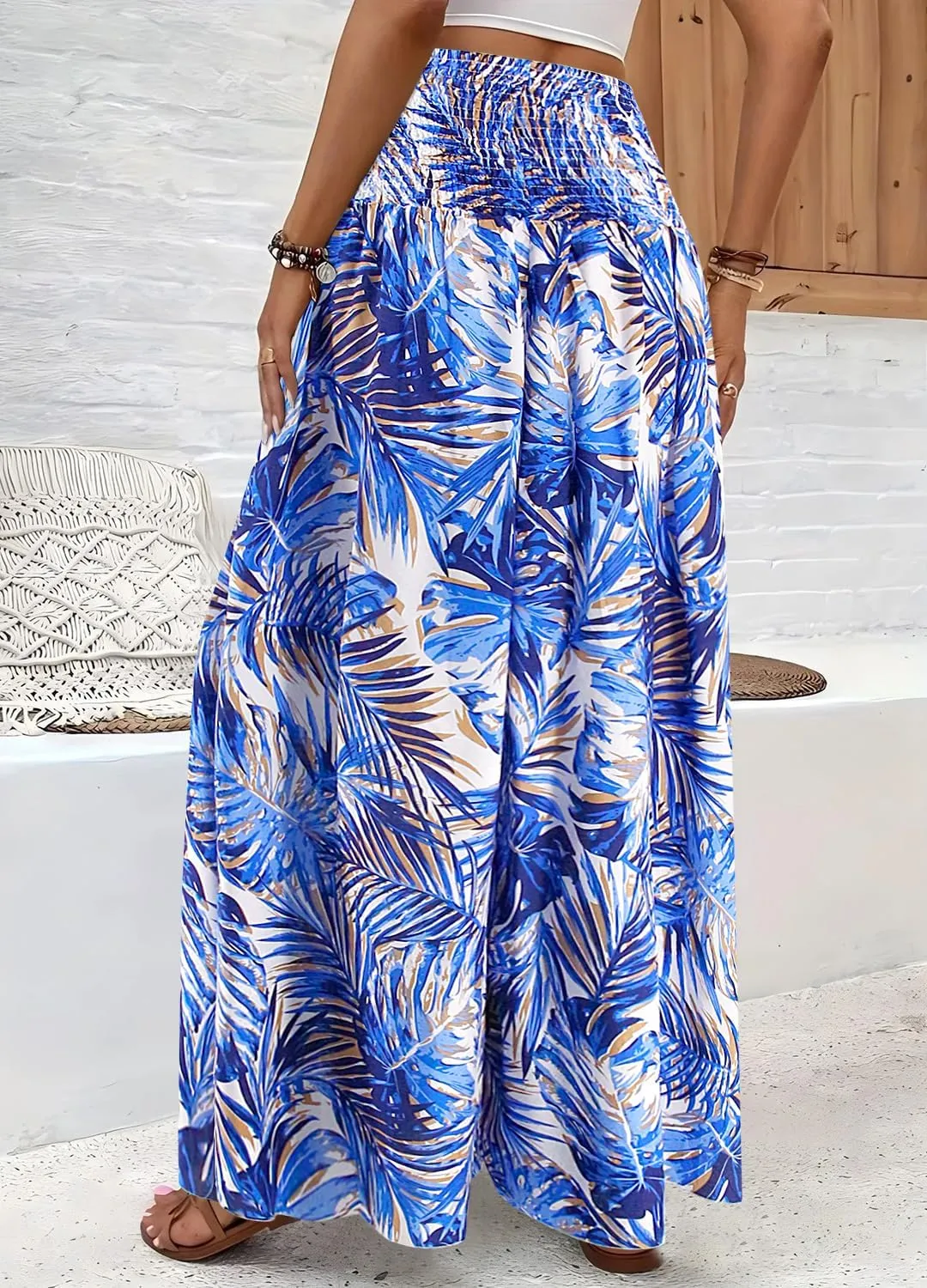 Women's Floral African Print Loose Pants Stretchy High Waist Wide Leg Palazzo Pants Flowy Yoga Trousers