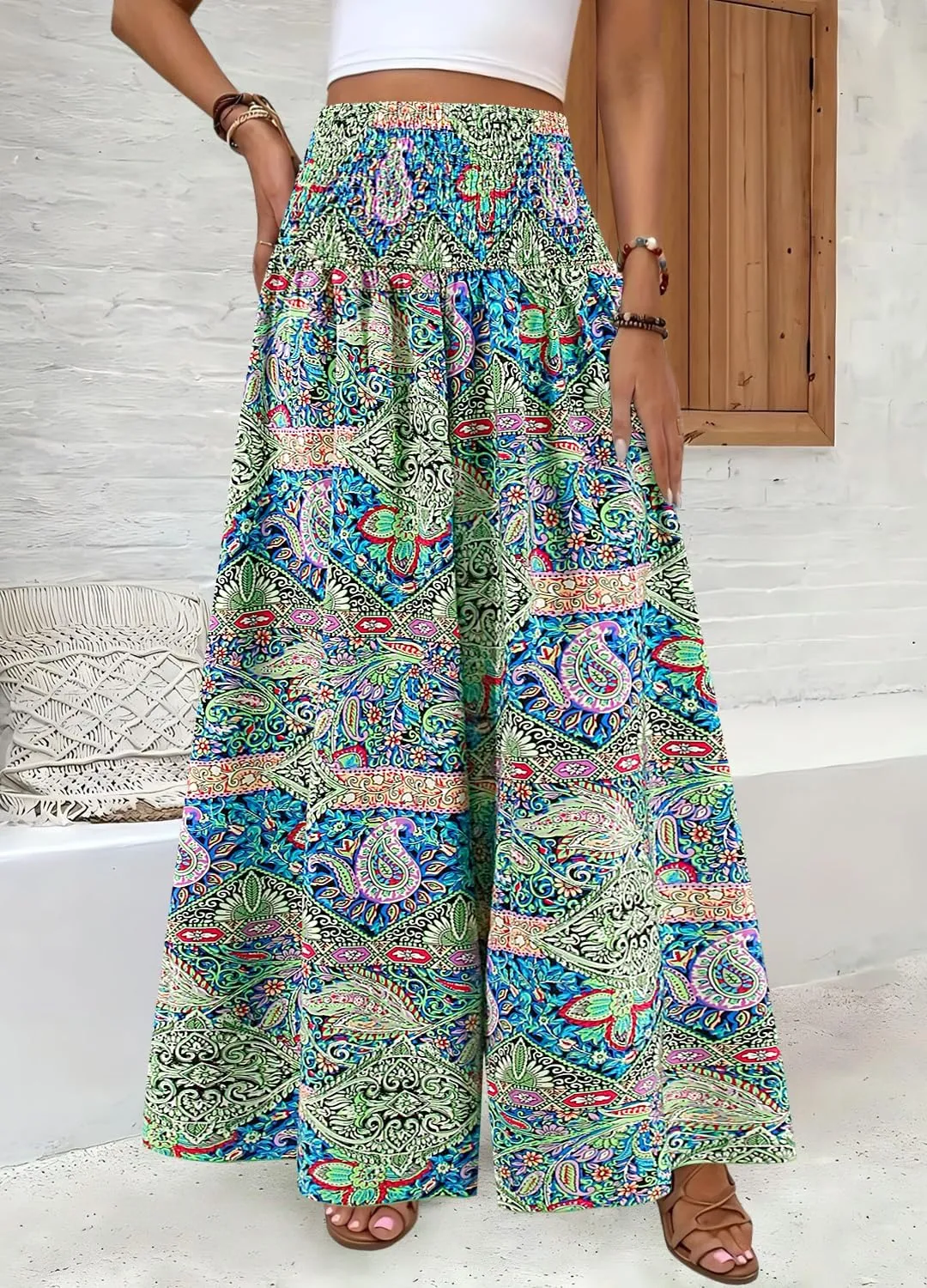 Women's Floral African Print Loose Pants Stretchy High Waist Wide Leg Palazzo Pants Flowy Yoga Trousers