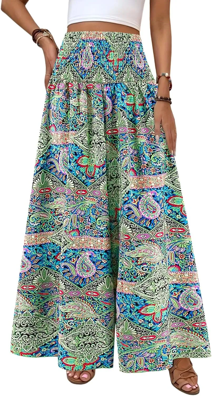 Women's Floral African Print Loose Pants Stretchy High Waist Wide Leg Palazzo Pants Flowy Yoga Trousers