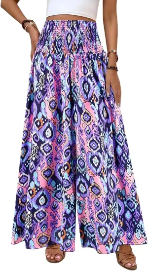 Women's Floral African Print Loose Pants Stretchy High Waist Wide Leg Palazzo Pants Flowy Yoga Trousers