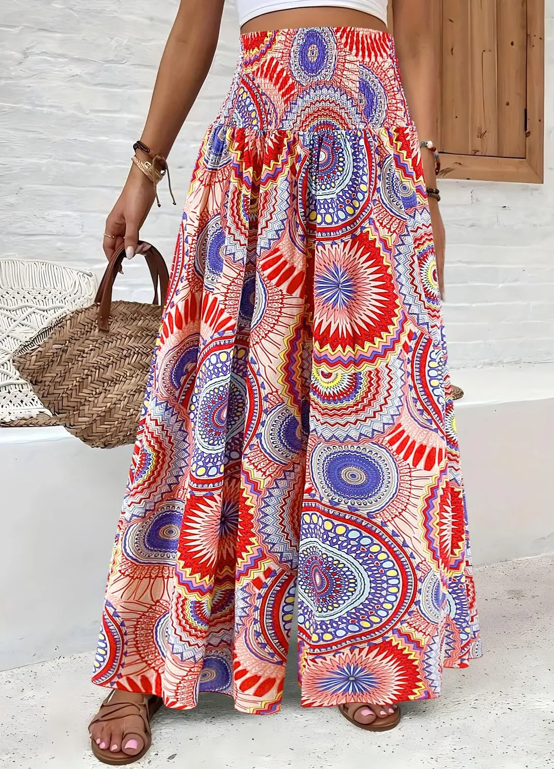 Women's Floral African Print Loose Pants Stretchy High Waist Wide Leg Palazzo Pants Flowy Yoga Trousers