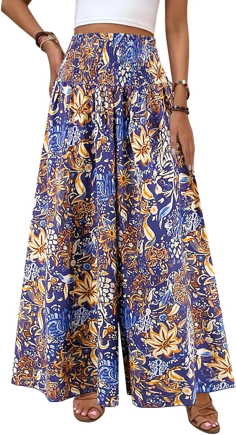 Women's Floral African Print Loose Pants Stretchy High Waist Wide Leg Palazzo Pants Flowy Yoga Trousers