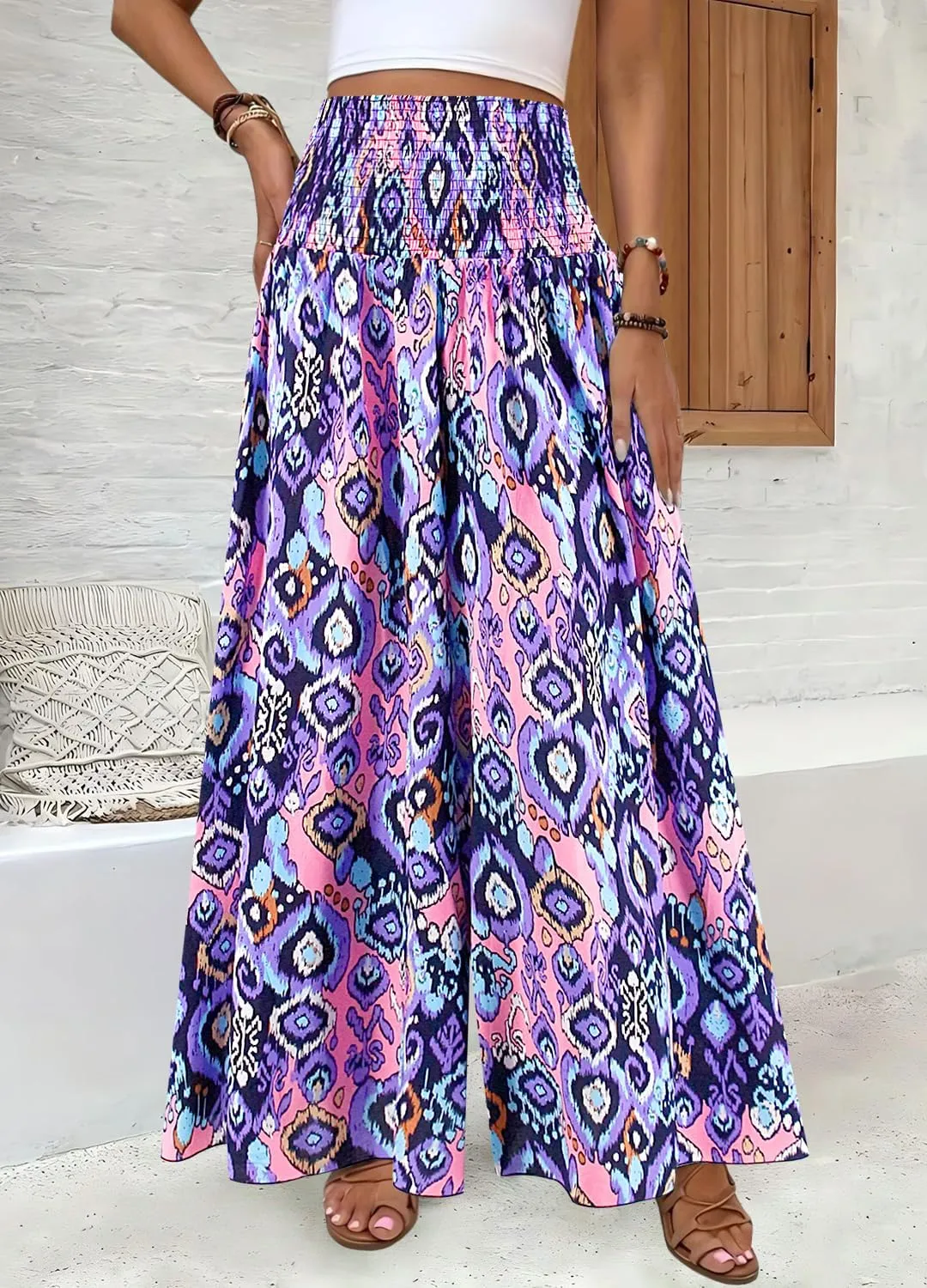 Women's Floral African Print Loose Pants Stretchy High Waist Wide Leg Palazzo Pants Flowy Yoga Trousers