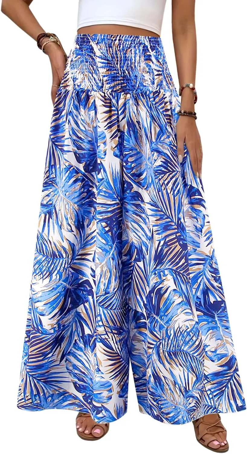 Women's Floral African Print Loose Pants Stretchy High Waist Wide Leg Palazzo Pants Flowy Yoga Trousers