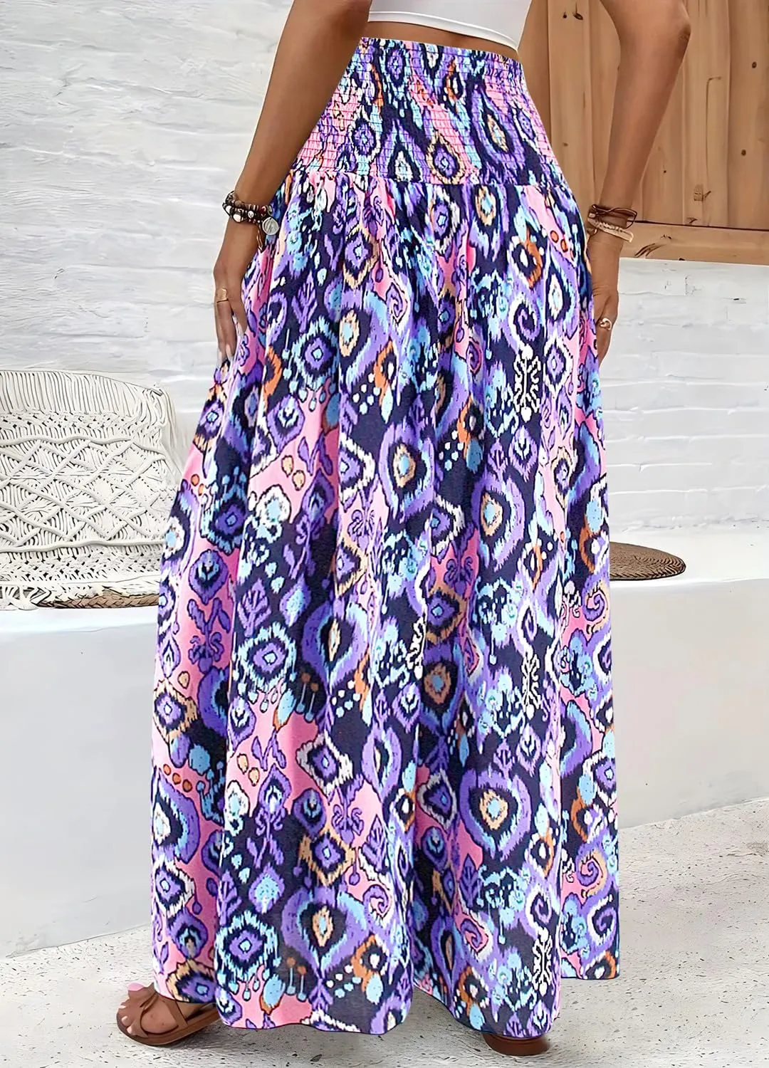 Women's Floral African Print Loose Pants Stretchy High Waist Wide Leg Palazzo Pants Flowy Yoga Trousers