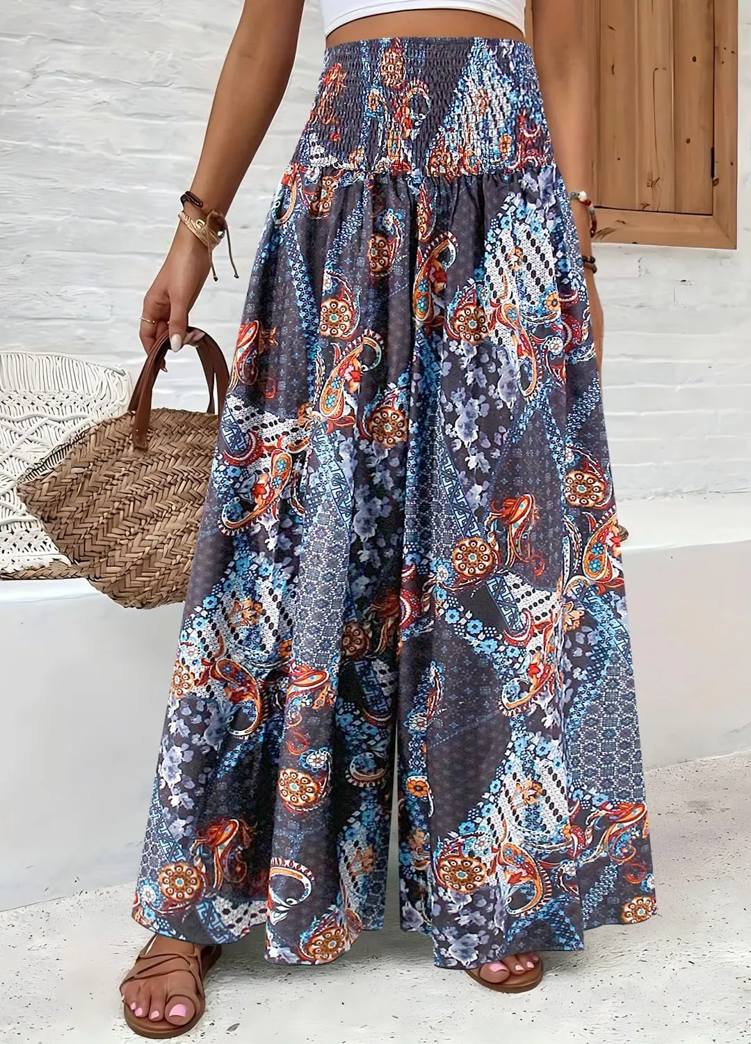 Women's Floral African Print Loose Pants Stretchy High Waist Wide Leg Palazzo Pants Flowy Yoga Trousers