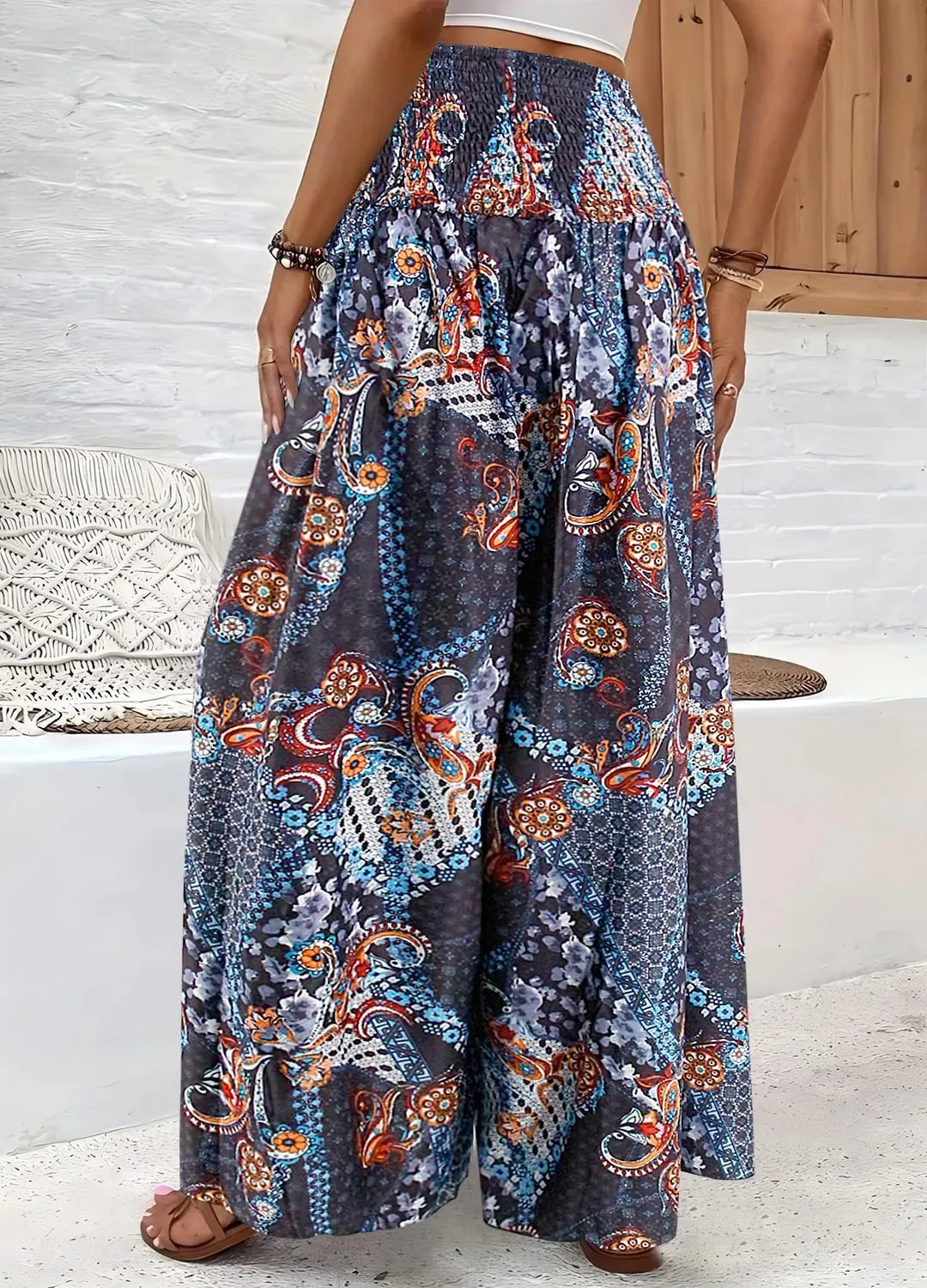 Women's Floral African Print Loose Pants Stretchy High Waist Wide Leg Palazzo Pants Flowy Yoga Trousers