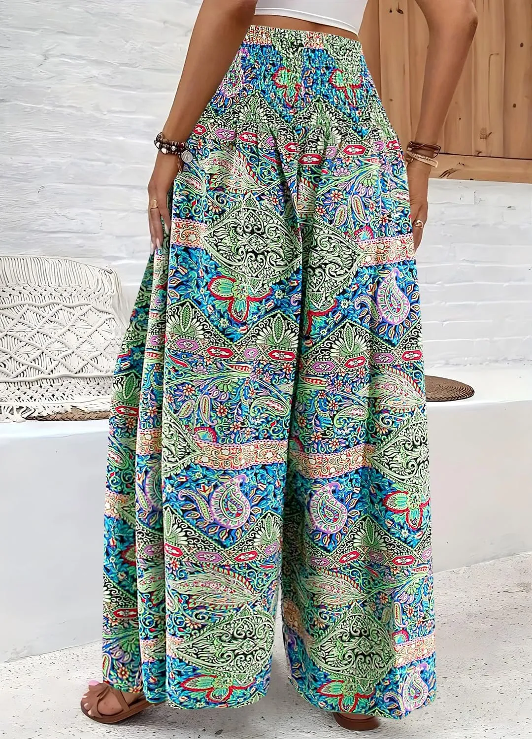 Women's Floral African Print Loose Pants Stretchy High Waist Wide Leg Palazzo Pants Flowy Yoga Trousers