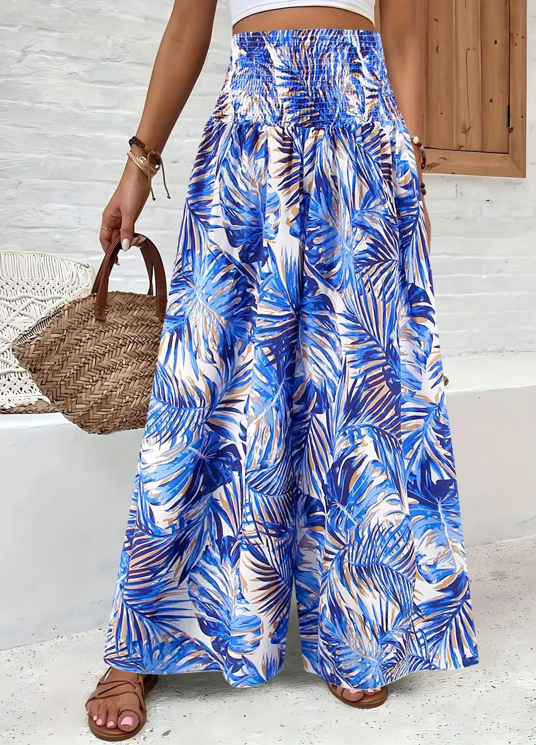 Women's Floral African Print Loose Pants Stretchy High Waist Wide Leg Palazzo Pants Flowy Yoga Trousers