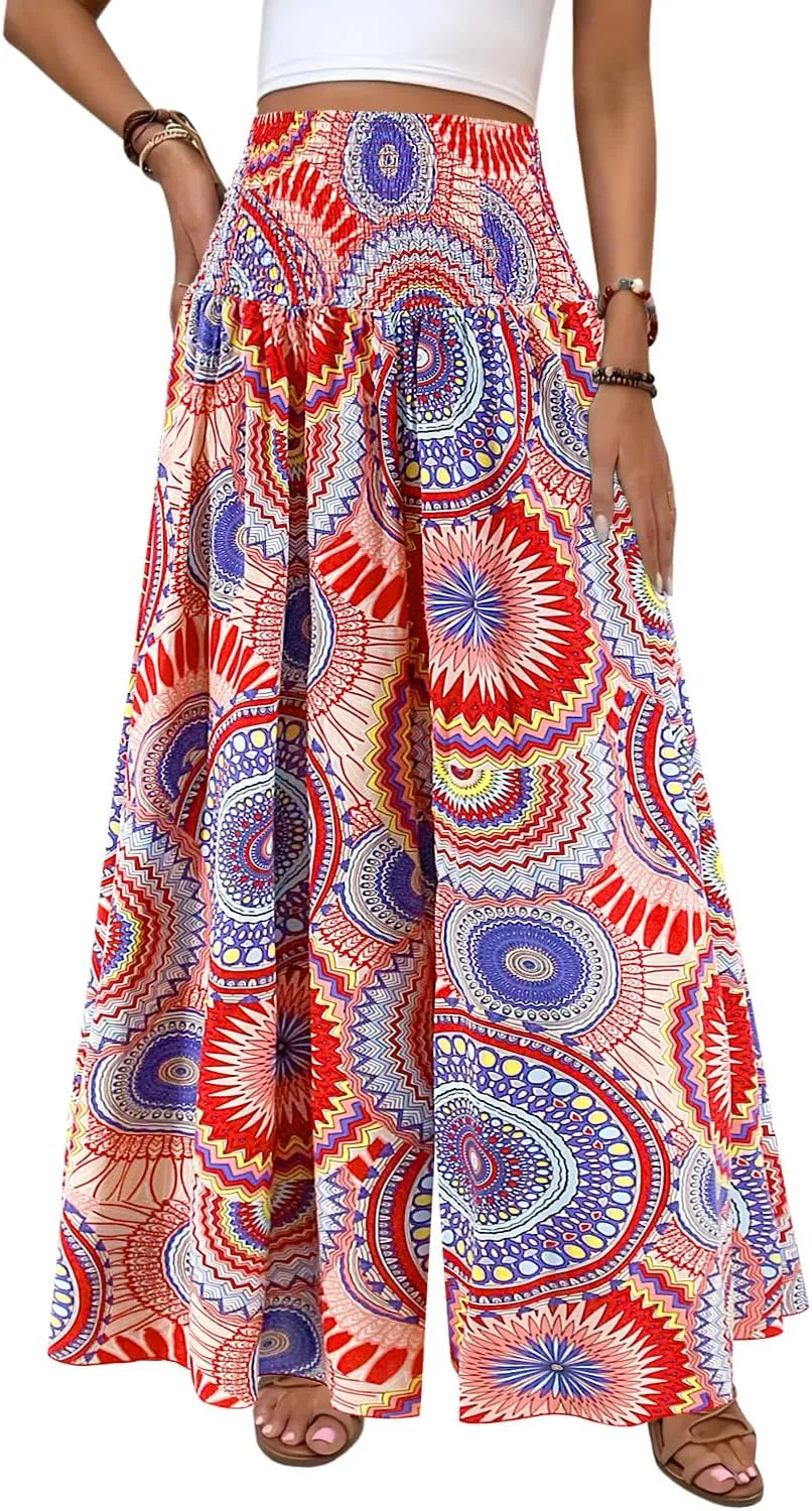 Women's Floral African Print Loose Pants Stretchy High Waist Wide Leg Palazzo Pants Flowy Yoga Trousers