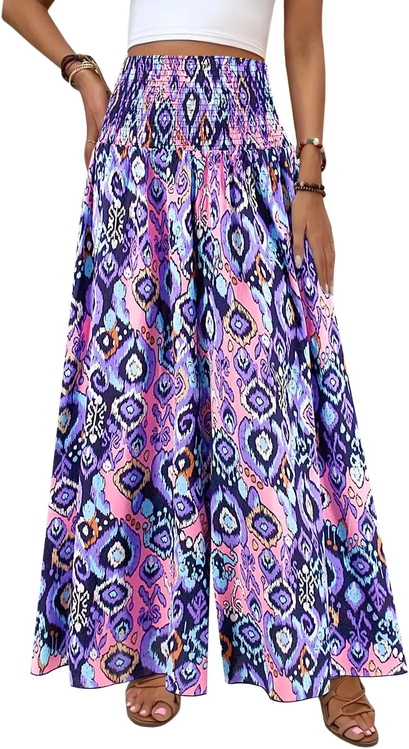 Women's Floral African Print Loose Pants Stretchy High Waist Wide Leg Palazzo Pants Flowy Yoga Trousers
