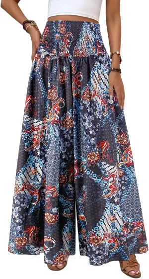 Women's Floral African Print Loose Pants Stretchy High Waist Wide Leg Palazzo Pants Flowy Yoga Trousers