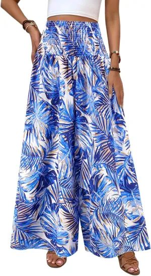 Women's Floral African Print Loose Pants Stretchy High Waist Wide Leg Palazzo Pants Flowy Yoga Trousers