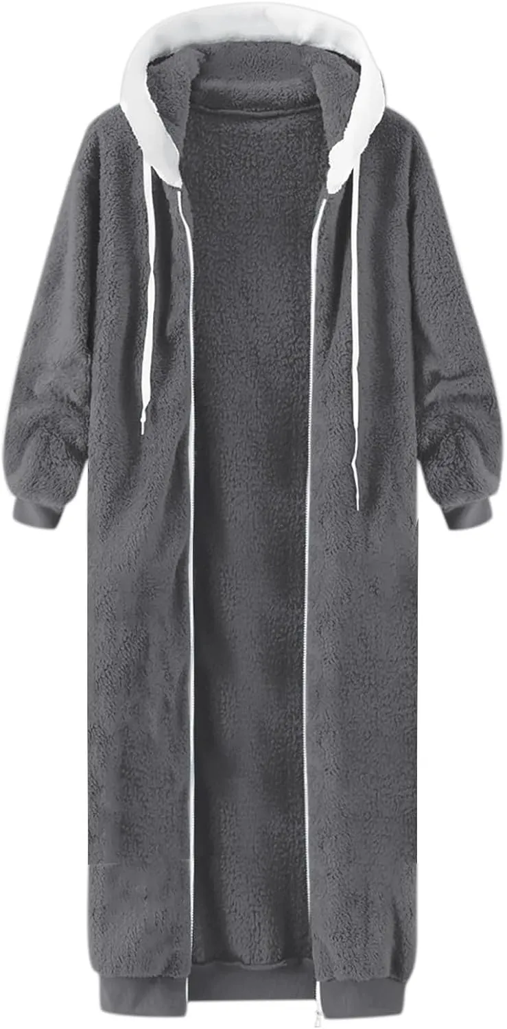 Women's Fuzzy Cardigan Jacket Winter Warm Flannel Fleece Baggy Trendy Hoodies Lightweight Long Length Casual Outwears