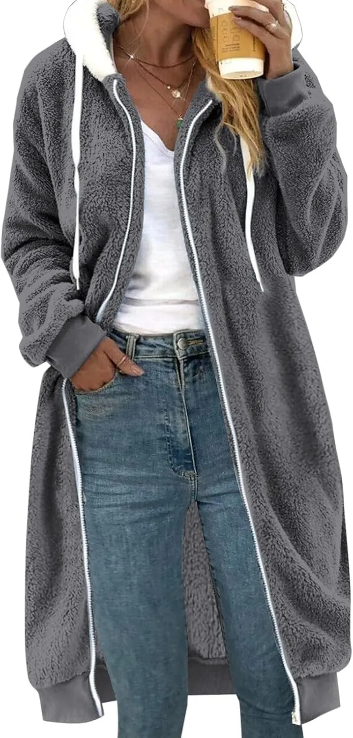 Women's Fuzzy Cardigan Jacket Winter Warm Flannel Fleece Baggy Trendy Hoodies Lightweight Long Length Casual Outwears