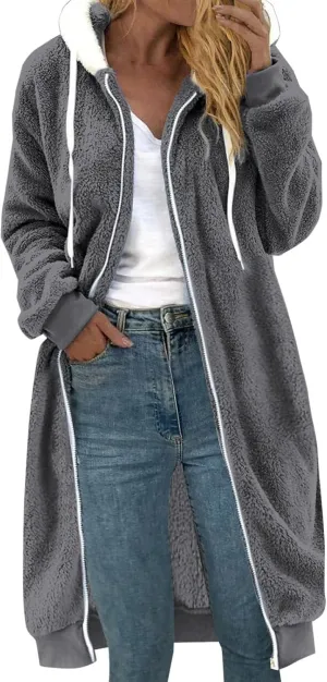 Women's Fuzzy Cardigan Jacket Winter Warm Flannel Fleece Baggy Trendy Hoodies Lightweight Long Length Casual Outwears
