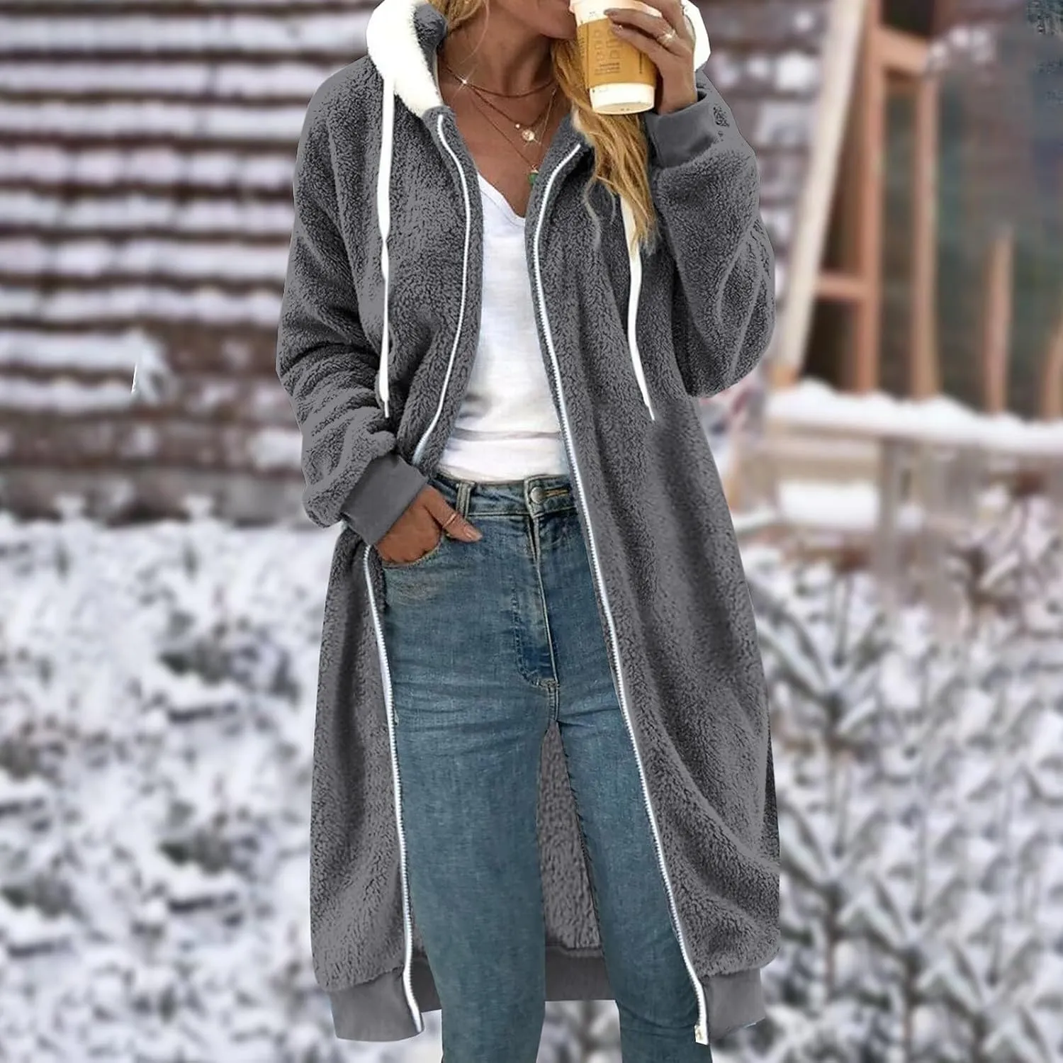 Women's Fuzzy Cardigan Jacket Winter Warm Flannel Fleece Baggy Trendy Hoodies Lightweight Long Length Casual Outwears