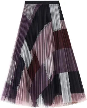 Women's High Waist Pleated A-Line Swing Skirt Midi Dress Elegant Mesh Layered Tulle Skirt