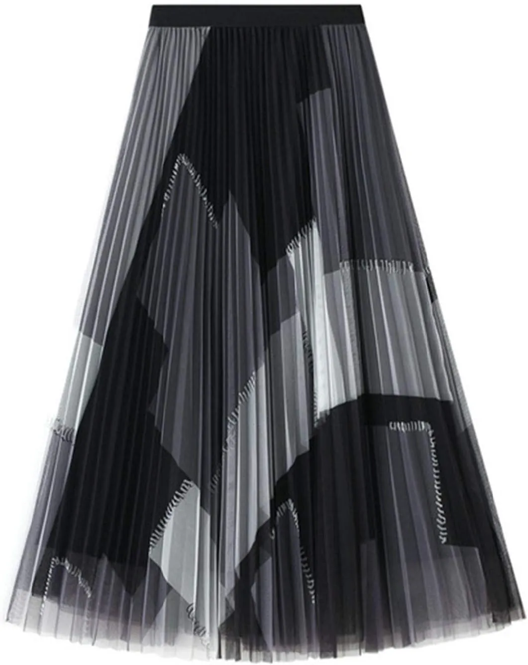 Women's High Waist Pleated A-Line Swing Skirt Midi Dress Elegant Mesh Layered Tulle Skirt